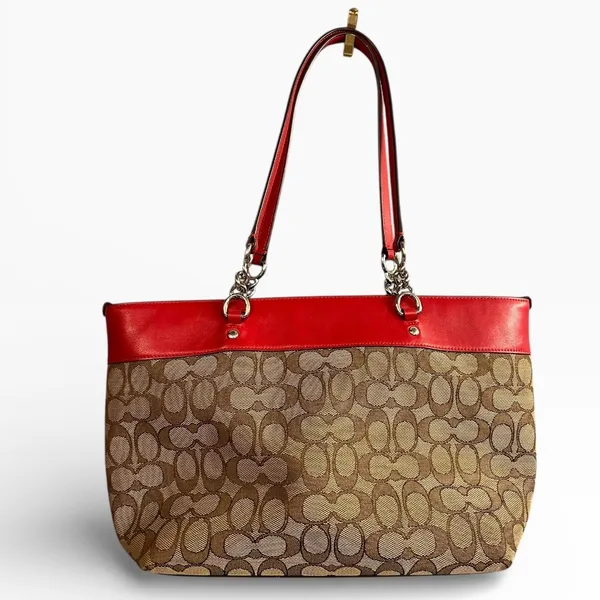 Coach Sophia Chain Tote‎ Bag RED Khaki Signature C Shoulder Laptop Carrier 37118 - Image 2