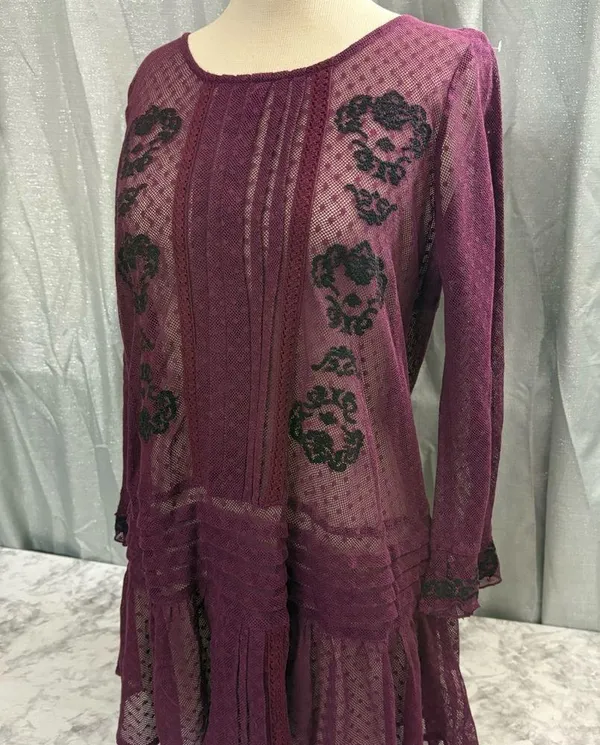 Free People maroon and Black enroidered sheer Jocelyn tunic top - Image 2