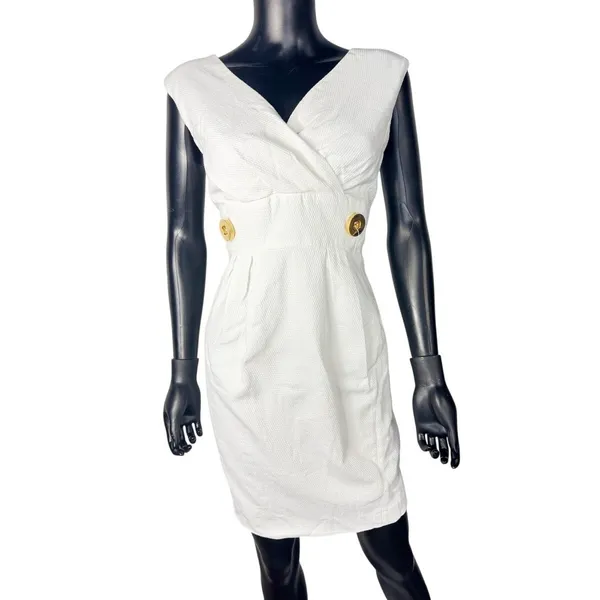 Helene Berman London White Textured 8 Pique V-Neck Gold Button Sheath Dress 8‎ - Image 2