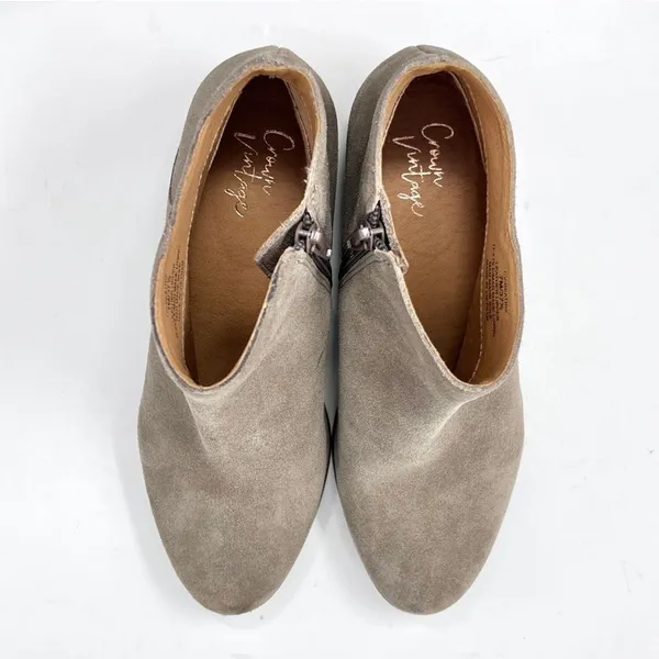 Crown Vintage Beatrix Taupe Suede Leather Low Block Heel Ankle Bootie 7 - Image 9