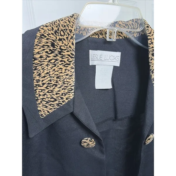 Leslie Lucks Vintage Cropped Blazer Womens 10 Black Leopard Print Cotton Y2K 90s - Image 4