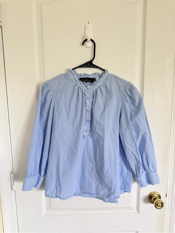 Tuckernuck Pomander Place Light Blue Pinstripe Ruffle Popover Blouse - Image 3
