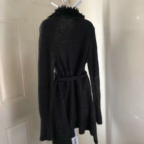 Whimsygoth grey black faux fur collar belted long penny lane cardigan long sleeve grunge ren faire-L #y2k #gothic Measurements in pics Necklace not included - Image 2