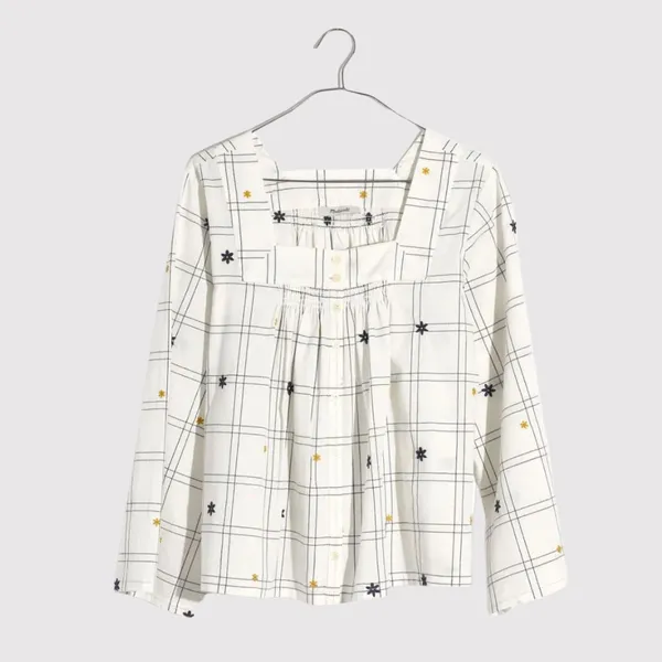 NWT Madewell Womens Top White Embroidered Windowpane Square Neck Button Down 2XL - Image 2