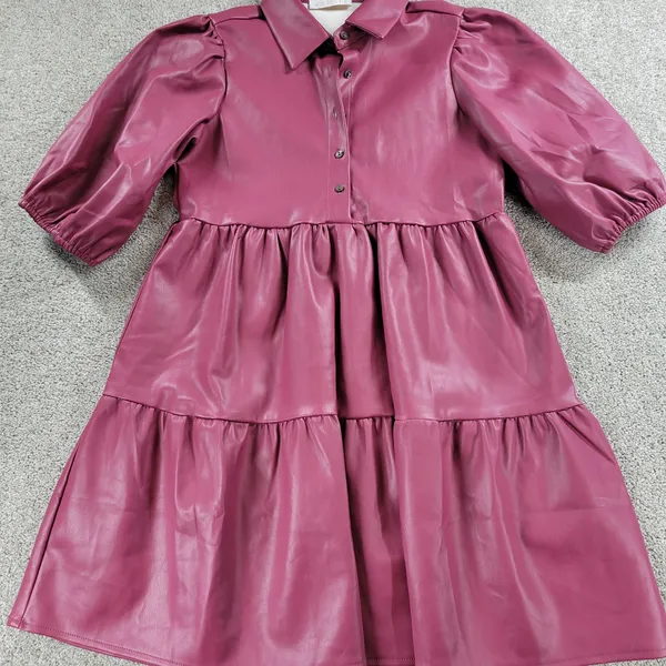 Karlie Womens Faux Leather Dress S Red Puff Sleeve Tiered Button Front Collared - Image 11