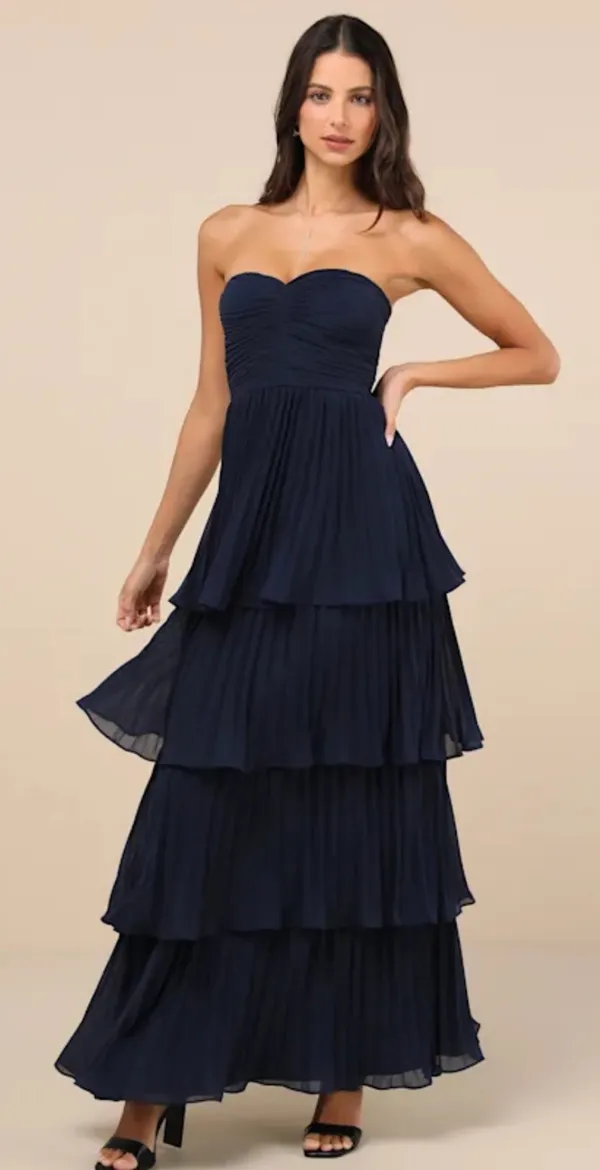 Sensational Navy Blue Strapless Tiered Maxi Dress - Image 2