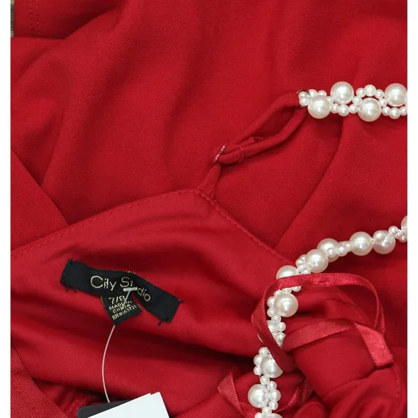 NWT City Studios Pearl-Strap Sleeveles Tiered Fit & Flare Dress Garnet Red 7/8 - Image 7