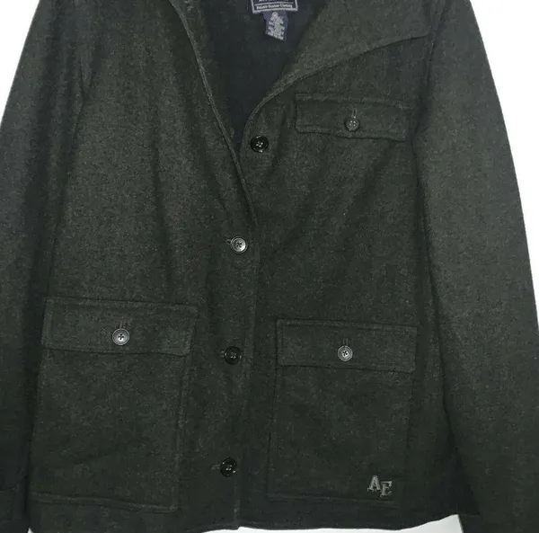 American Eagle Womens Wool Pea Coat Size M Dark Olive Marled Fleece Lined Hooded - Image 2