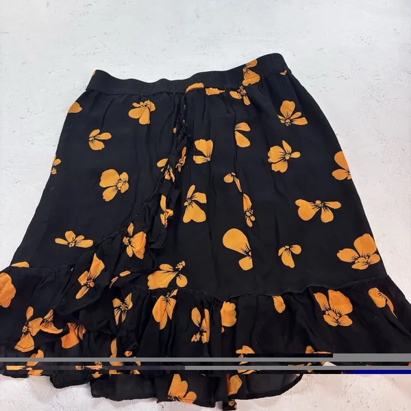 Women's Black Orange Floral Ruffle Hem Midi Skirt Elastic Waist Boho Size XL - Image 4