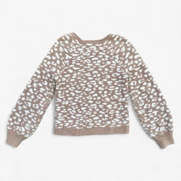Abercrombie & Fitch Scoop Neck Sweater Women S Tan White Fuzzy Animal Print Cozy - Image 3