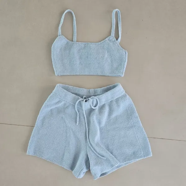 Skims Light Blue Cozy Knit Tank and Shorts Set Size S - Image 2