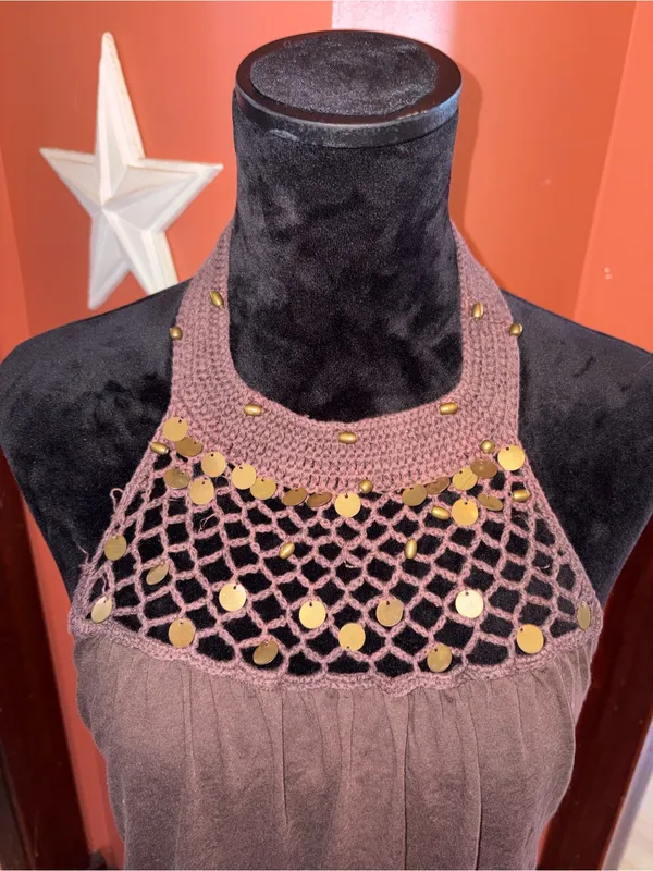 Decree-Y2K Crochet Yoke Halter Tank Top - Brown - Image 2