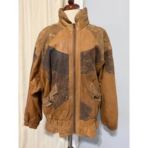 Vintage 80s Otello Pelle Leather Bomber Jacket L Patchwork Paisley Metallic Gold - Image 2
