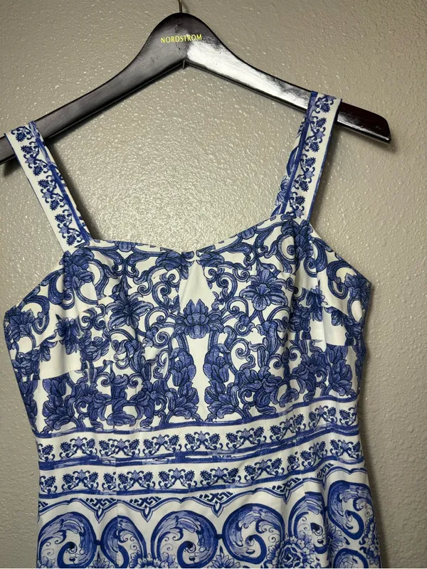 Antonio Melani Blue White Mediterranean Tile Print Midi Dress Square Neck Size 6 - Image 3