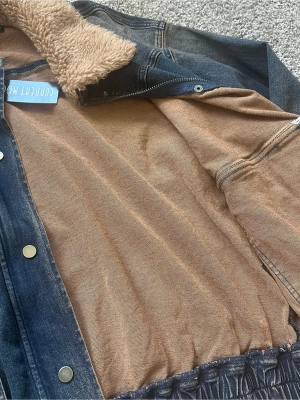 Dolls Kill Blue Denim Bomber Jacket with Tan Sherpa Collar - Image 3