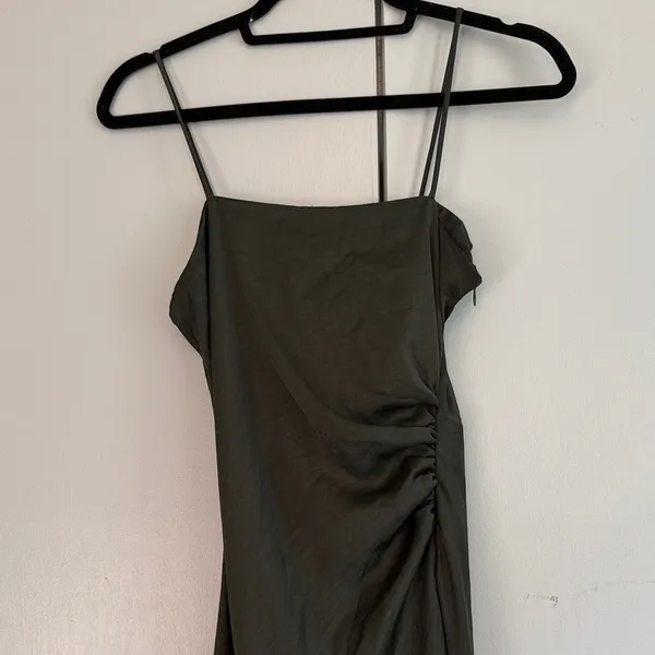 Zara Womens Dark Olive Green Satin Ruched Cami Slip Maxi Dress Size XS 90s Style - Image 2