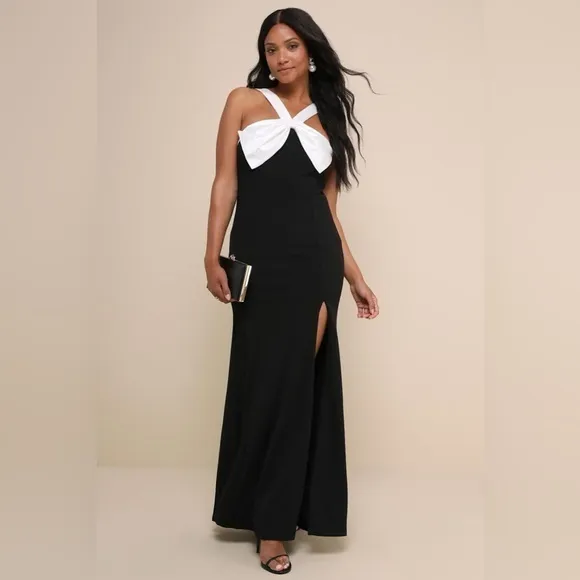NEW Lulus Luxurious Outlook Black and White Bow Mermaid Maxi Dress - Image 16
