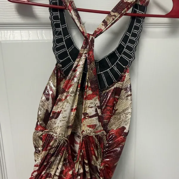 Red Patterned Ruched Mini Dress with Embellished Halter Neck - Image 4