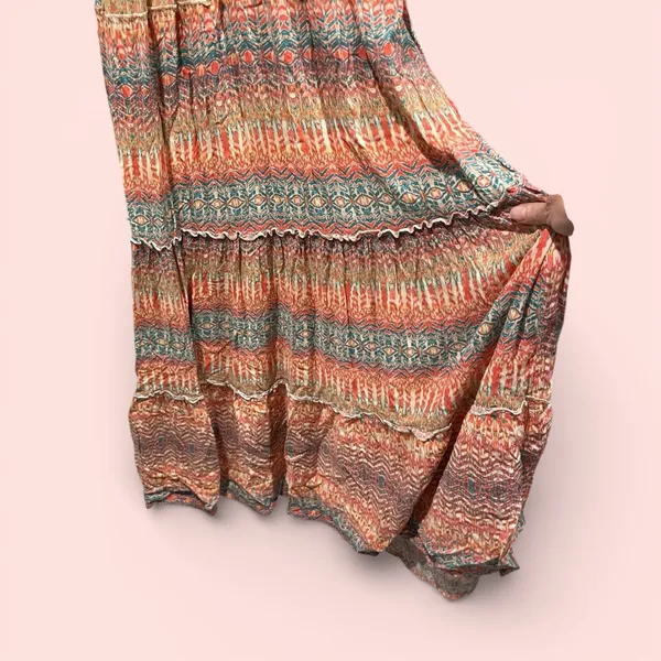 Source Unknown Cute stretchy tiered shell button front maxi dress aztec boho breezy smocked - Image 6