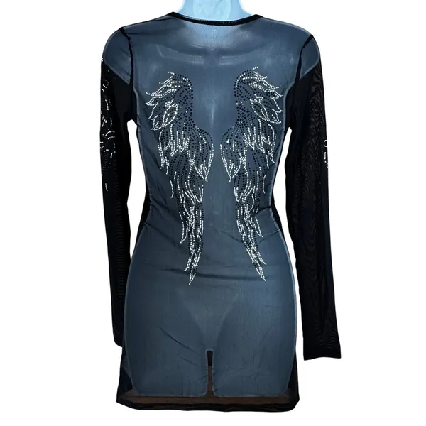 Sheer Long Sleeve Rhinestone Heart Angel Wings Y2K‎ Small Biker Fairy Goth - Image 6