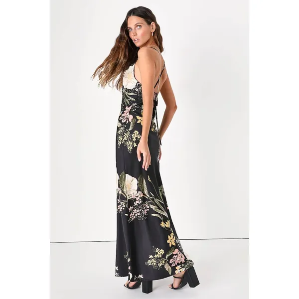 NWT Lulus All About the Drama Black Floral Satin Cowl Neck Maxi Dress Cruise S - Image 7