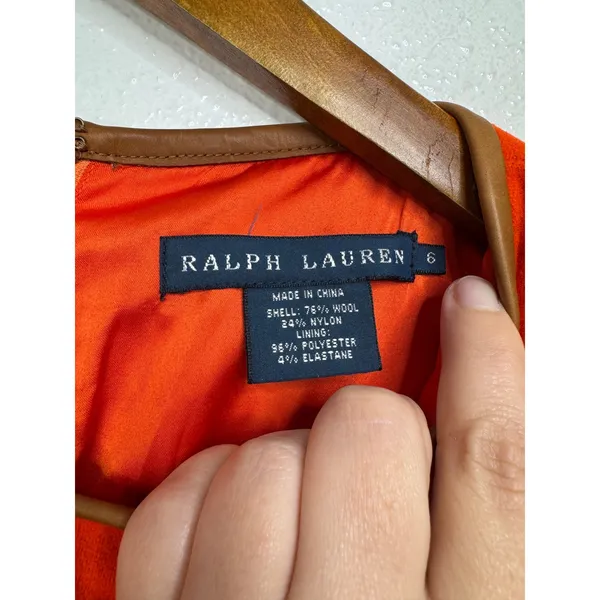 Ralph‎ Lauren Womens Orange Wool Blend Shift Dress Faux Leather Trim Size 6 - Image 3