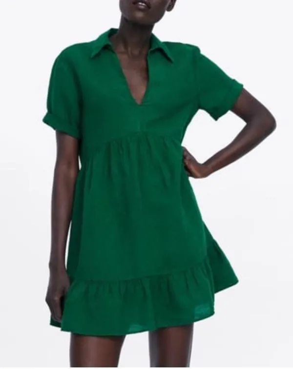 ZARA Tiered Linen Mini Dress Kelly Green Collared Short Sleeve size XS - Image 2