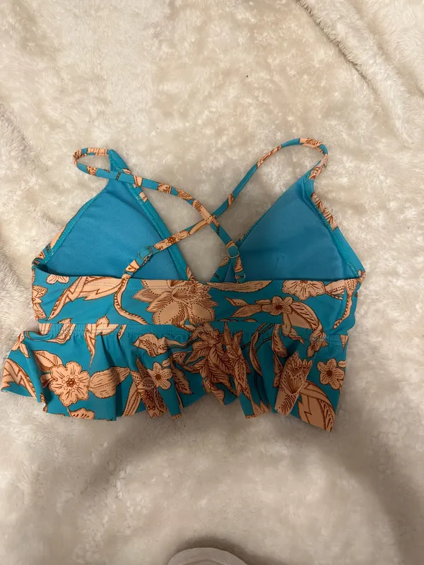 Blue Bikini Top with Coral Flowers - Image 2