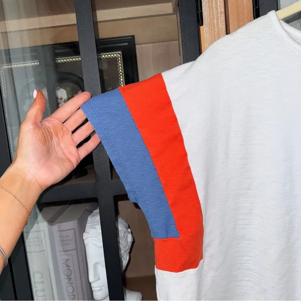 Anthropologie Hailey & Co oversized tee knit patchwork statement sleeves cobalt cap top - Image 6