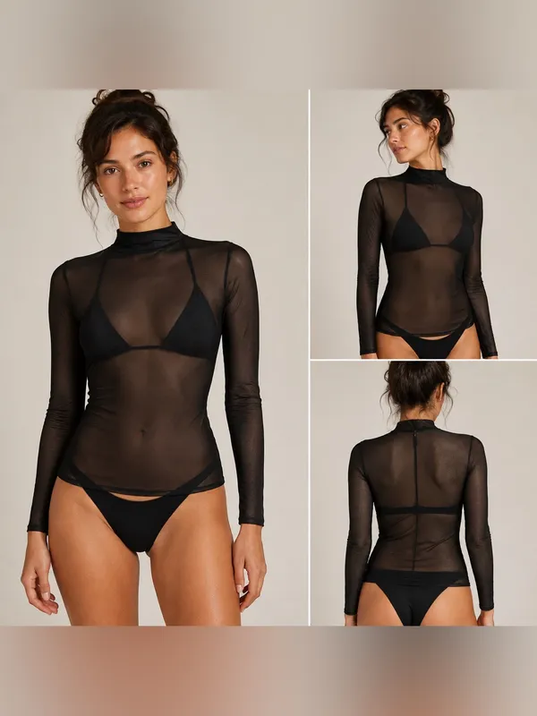 CALIA Draped Funnel Long Sleeve Sheer Mesh Top Small Pure Black NWT - Image 2