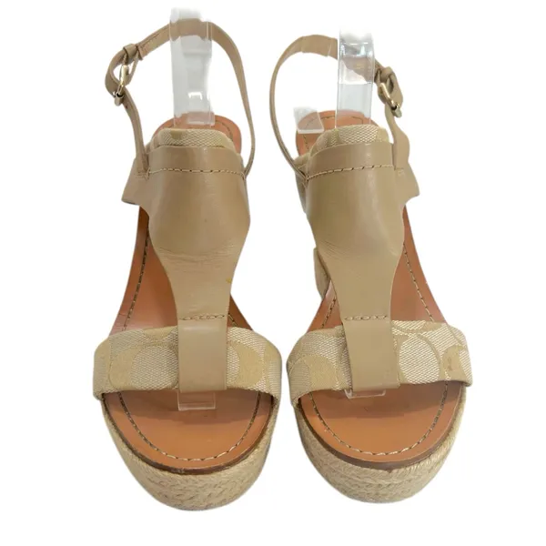 Coach Khaki Leather Signature Canvas Mendez Cork Wedges Sandals - Image 3
