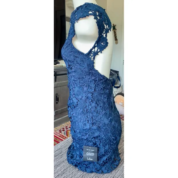 NWT Lulus Semi-formal Backless Above-Knee Lace Navy Dress, Sz S - Image 2