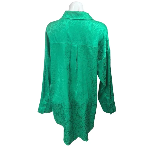 12th Tribe Green Silky Satin Floral Long Sleeve Button Down Mini Shirt Dress M - Image 2