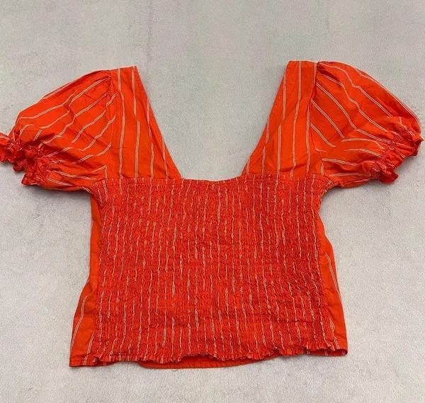 Free People Women's Orange Striped Puff Sleeve Crop Top Blouse Size XS - Image 12