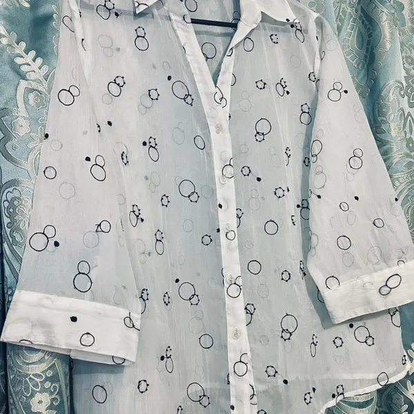 Source Unknown Funky White Sheer Top Size 1 X Black Circle 3/4 Sleeves Embroidery Button Front - Image 7