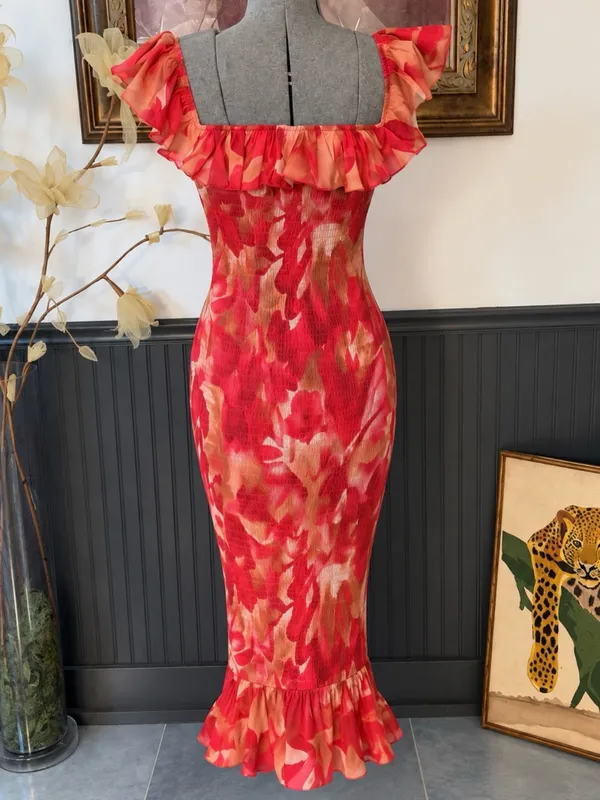 Sage + Paige Floral Smocked Ruffle Off Shoulder Midi Dress Red Sz S🧡🍄 - Image 4