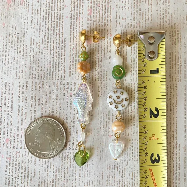 Handmade quality Czech glass beads mix asymmetric unique dangle earrings💚⭐️🐟💕🌙 - Image 4