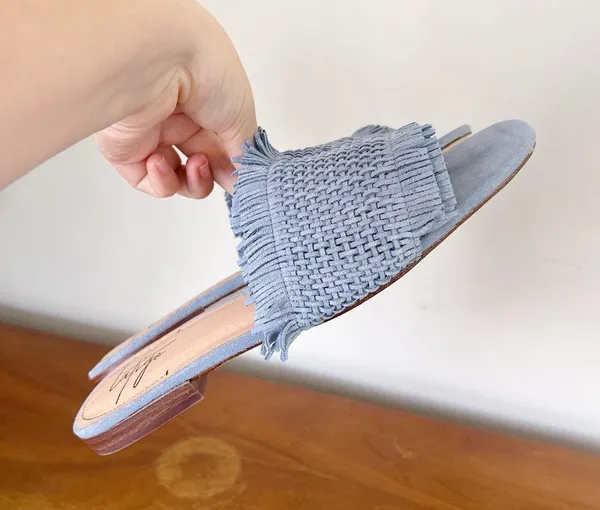 Latigo • Anthropologie Sofie Fringed Slide Sandal woven mules flat blue suede - Image 4
