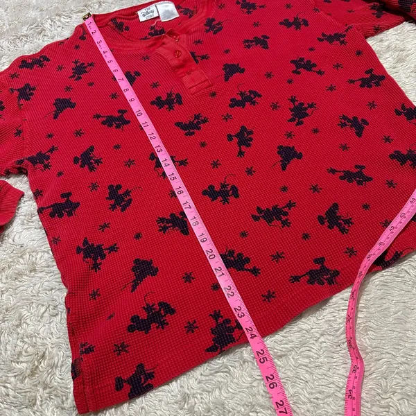Vintage 90s Disney Store Red Waffle Knit Christmas Mickey Mouse Henley Womens - Image 3