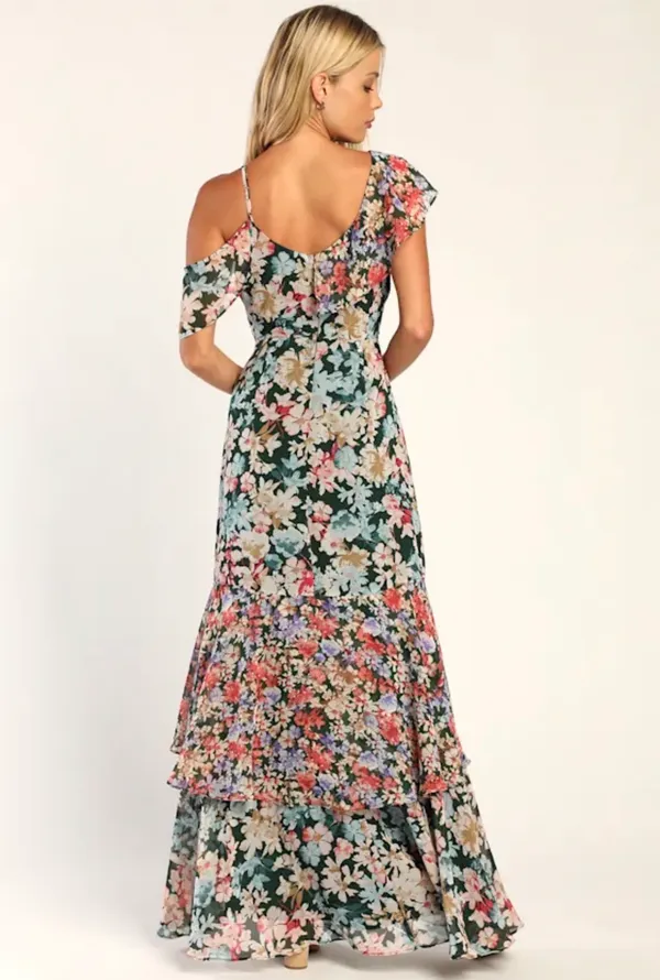 Lulus Radiant Hunter Green Floral Print Chiffon Maxi Dress - Image 4