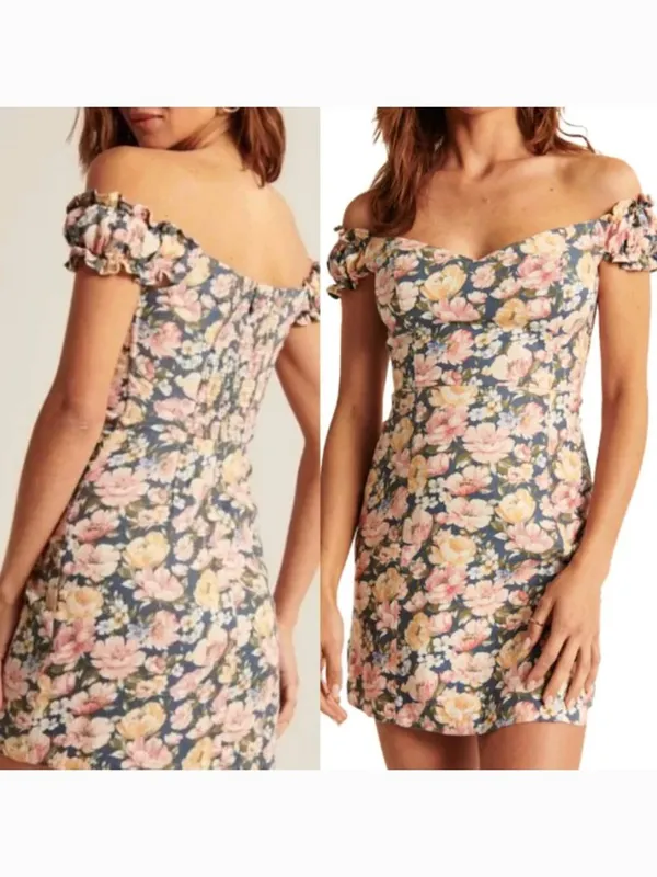 ABERCROMBIE & FITCH A&F Off the Shoulder Corset Mini Dress Blue Pink Etc Floral - Image 2