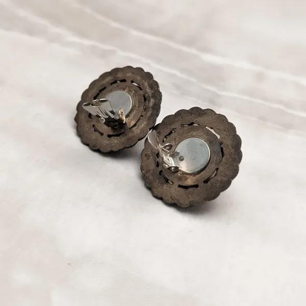 Vintage Clip On Earrings Large Chunky Statement Dark Bronzeish Tone Faux Pearl - Image 7