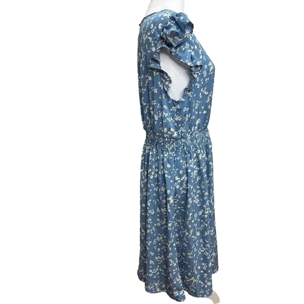 Ditsy‎ Floral Dress Blue Ruffle Cap Sleeve Smocked Waist Boho Cottage Garden S - Image 4