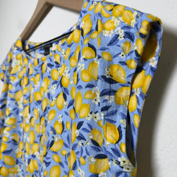 Ann Taylor Women Linen Top Small Blue Yellow Lemon Fruit Blouson‎ Gasset Resort - Image 6