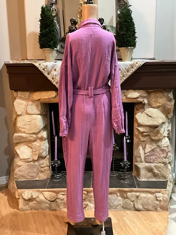 Free People Lavender-Pink Button-Front Linen Jumpsuit with Tie Belt - Image 4