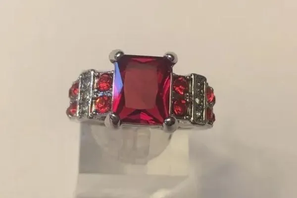 Ruby Red Garnet Band Ring white Rhodium Plated Size 7 Silver - Image 3