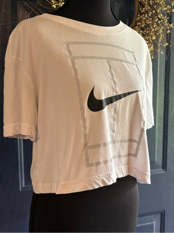 Nike White Cropped Oversized Swoosh Tee size Small - Image 2