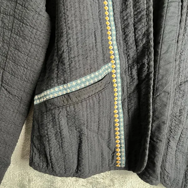 J. Jill Black‎ Quilted Seersucker Jacket Embroidered Trim Pockets Boho Chic XS - Image 2