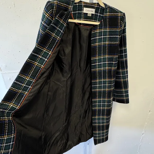 Calvin Klein Women's Wool Blend Plaid Collarless Car Coat Jacket Sz 2 Teal Navy‎ - Image 4