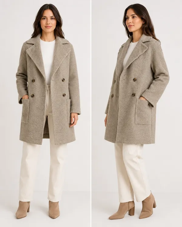 Magnolia Boutique M/L Womens Herringbone Double Breasted Long Coat Quiet Luxury - Image 2